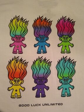 Good Luck Trolls Brand White Tee with Multicolor Troll